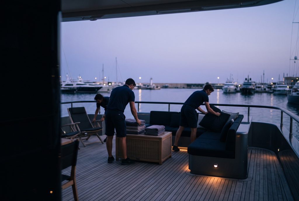 Crew preparing a yacht's deck at nightfall