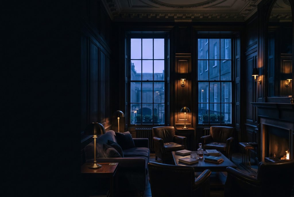 Lounge of a private members' club at dusk
